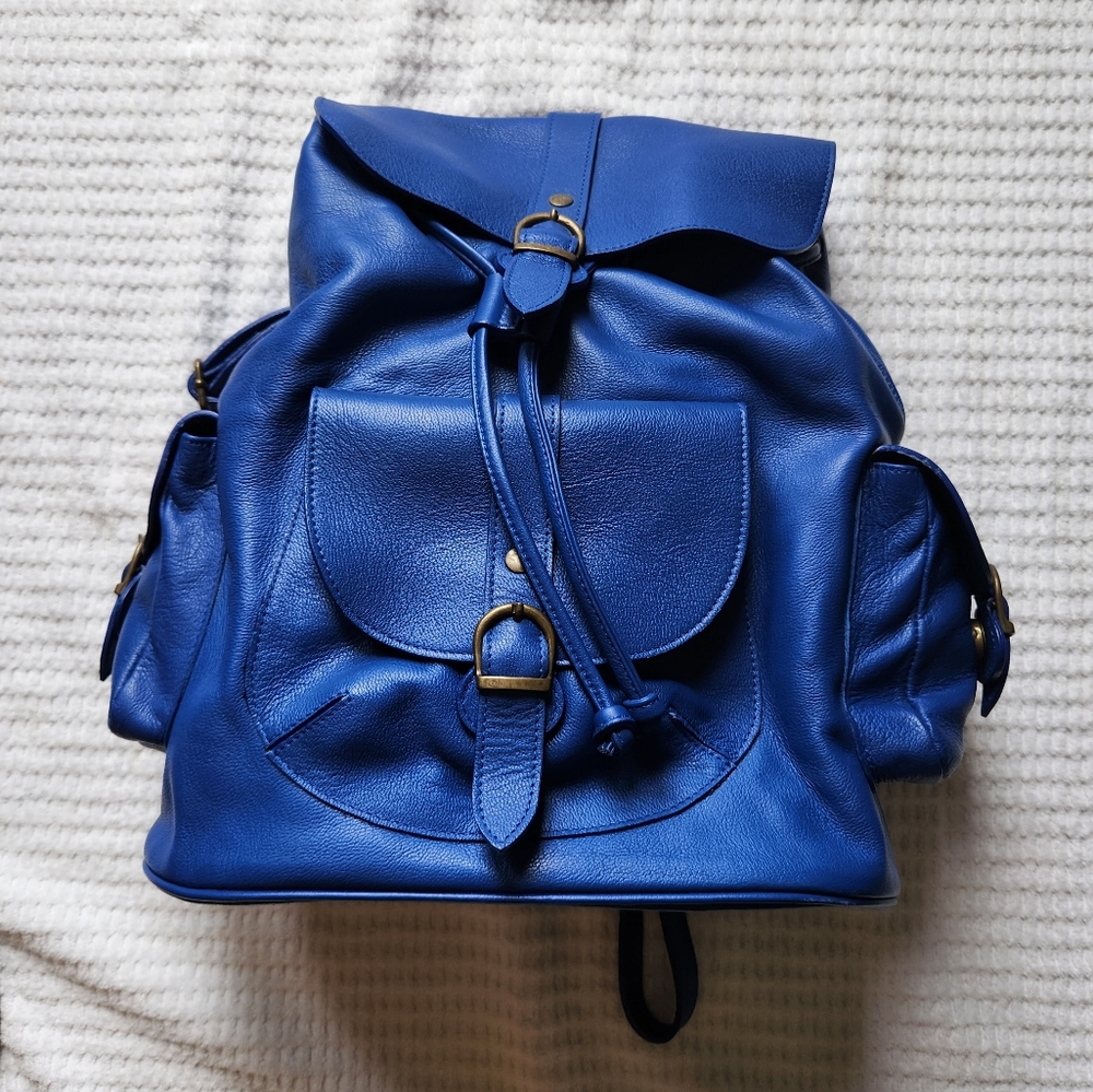 Blue Leather Drawstring Backpack Bag